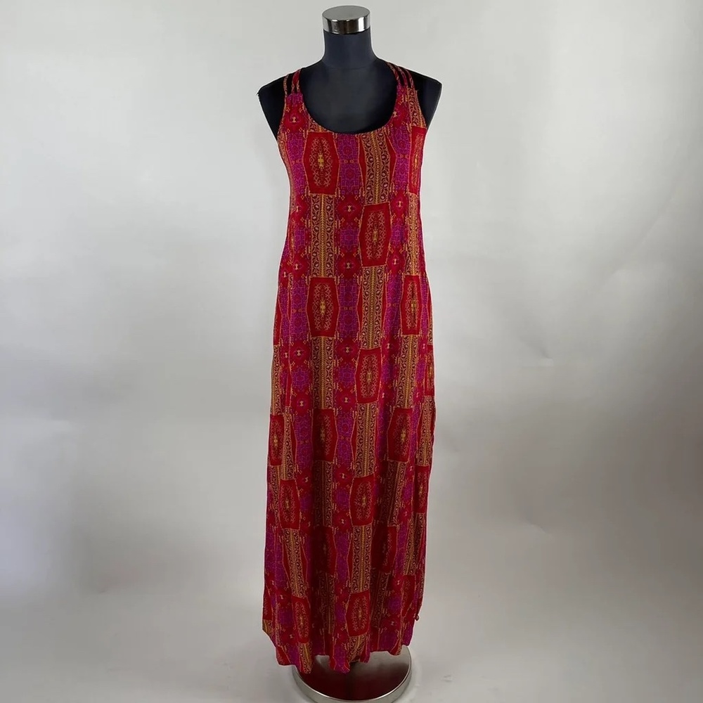 kandy kiss Red Multicolor Bohemian Sleeveless Cross Back Maxi Dress Size M
